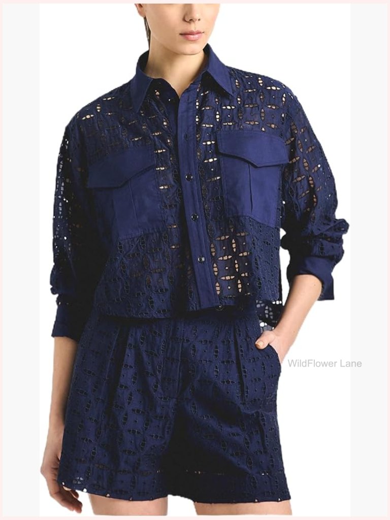 Cropped Eyelet Button Down Shirt With Flap Pockets